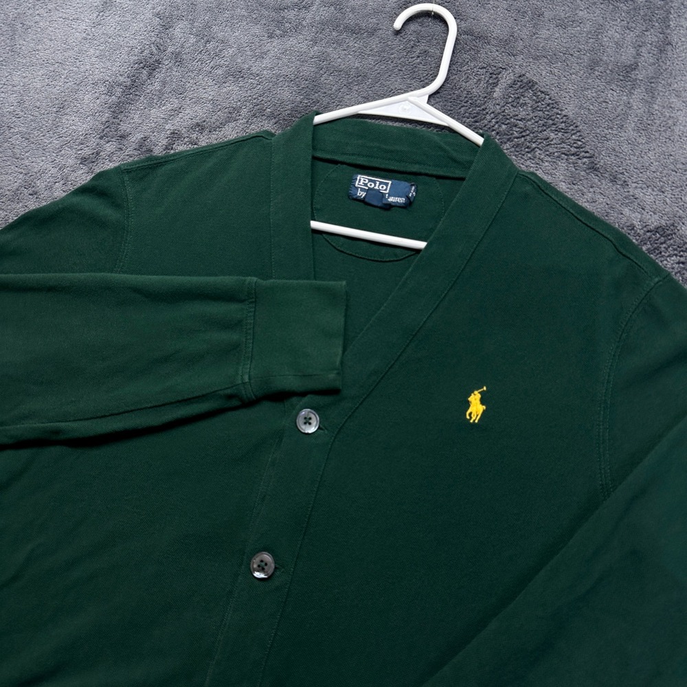 Polo Ralph Lauren Cardigan Mens Medium Green Pique Cotton V-Neck Sweater Preppy